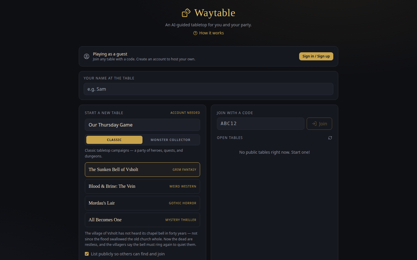 Waytable — start a table, pick a campaign, or join with a code